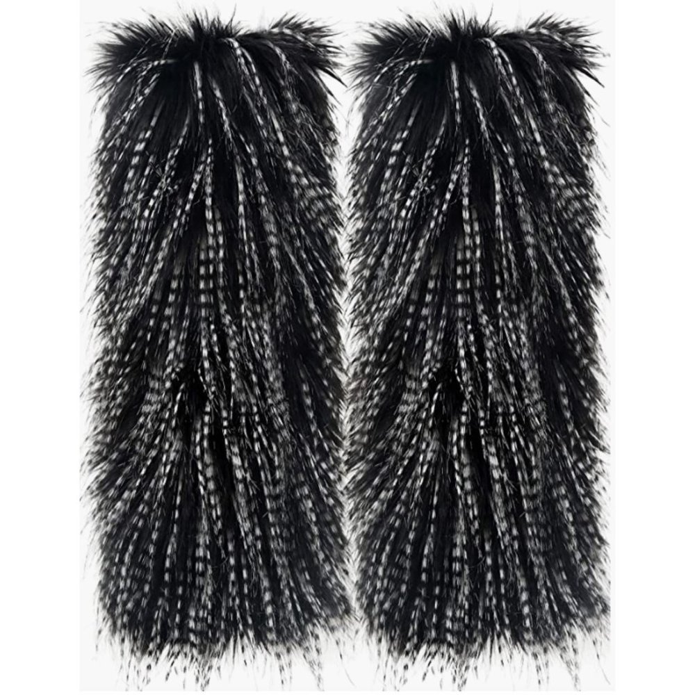 Tall Black & White Fuzzy Faux Fur Long Feather Cuff Boot Covers Leg Warmer Socks - Picture 5 of 6